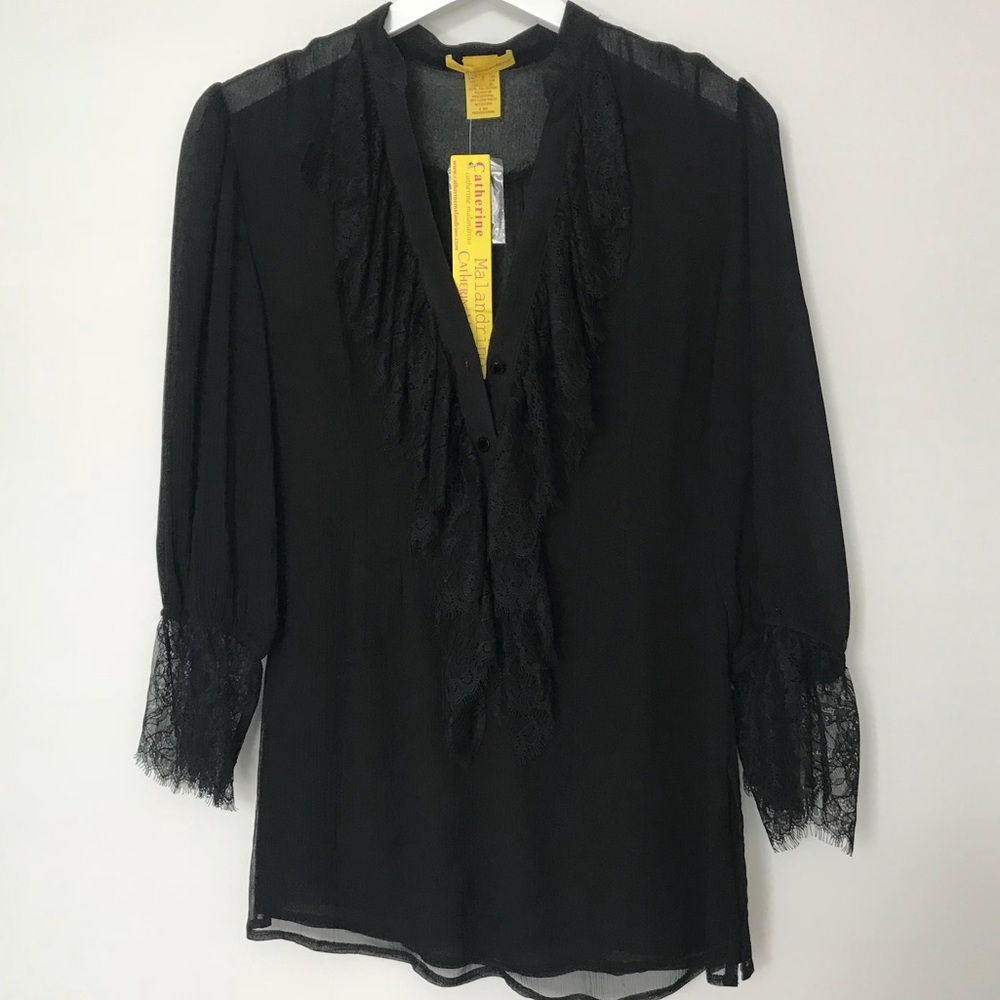 NWT Catherine Malandrino Black Silk Sheer Lace Top